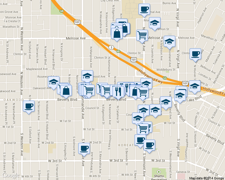 map of restaurants, bars, coffee shops, grocery stores, and more near in Los Angeles