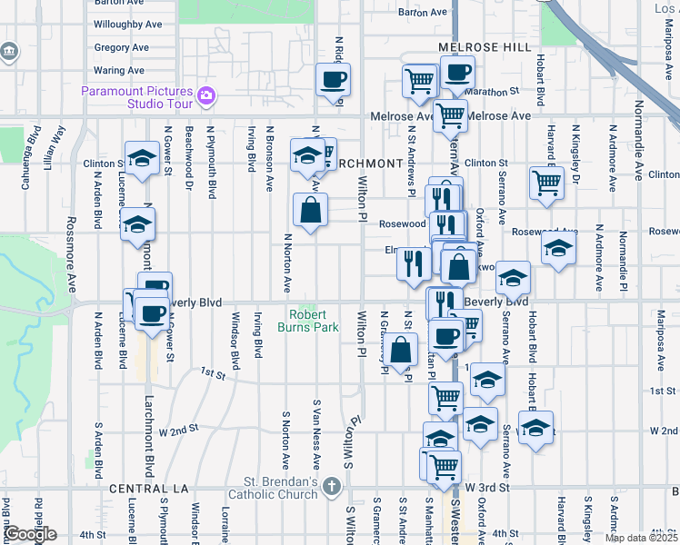 map of restaurants, bars, coffee shops, grocery stores, and more near 325 North Wilton Place in Los Angeles