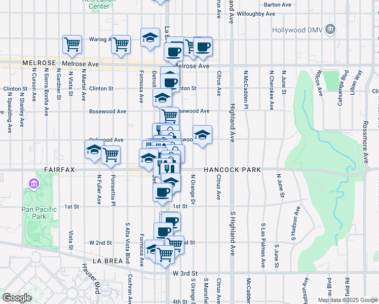 map of restaurants, bars, coffee shops, grocery stores, and more near 320 North Sycamore Avenue in Los Angeles