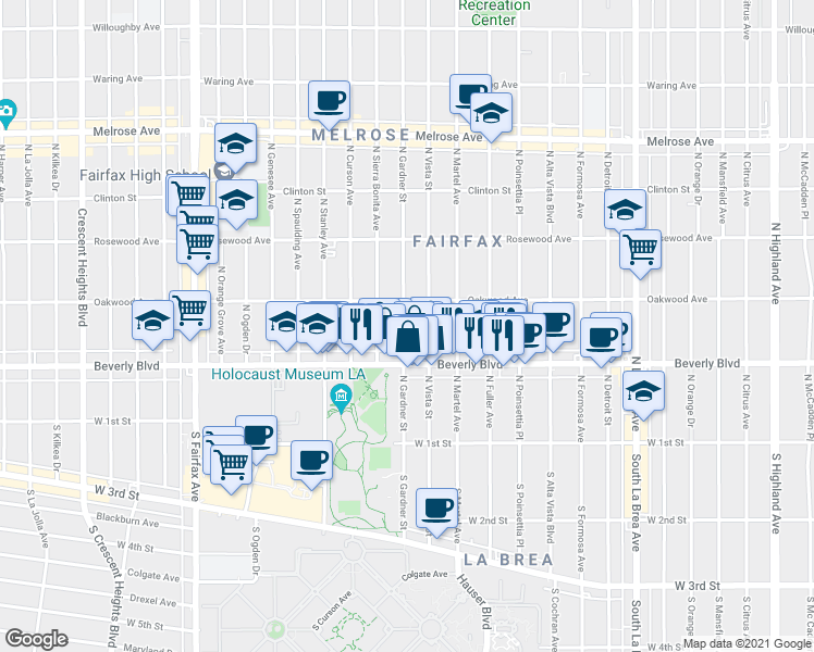 map of restaurants, bars, coffee shops, grocery stores, and more near 330 North Gardner Street in Los Angeles