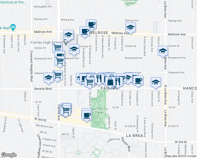 map of restaurants, bars, coffee shops, grocery stores, and more near 327 North Sierra Bonita Avenue in Los Angeles