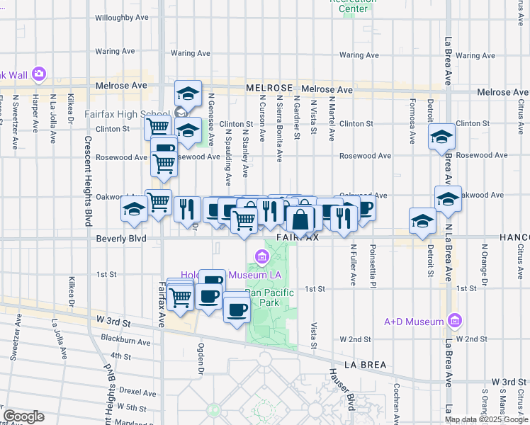 map of restaurants, bars, coffee shops, grocery stores, and more near 327 North Sierra Bonita Avenue in Los Angeles