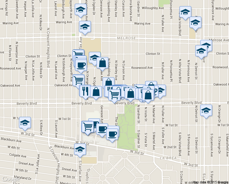 map of restaurants, bars, coffee shops, grocery stores, and more near 326 North Stanley Avenue in Los Angeles