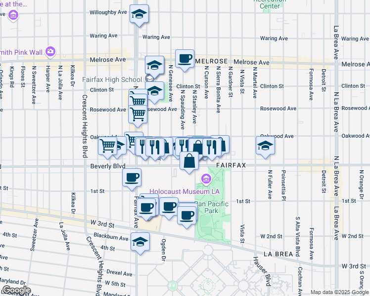 map of restaurants, bars, coffee shops, grocery stores, and more near 331 North Spaulding Avenue in Los Angeles