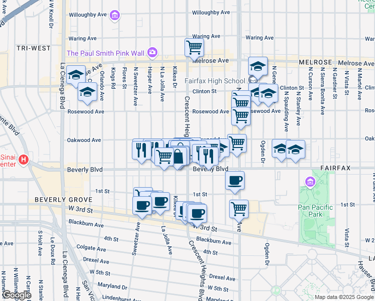 map of restaurants, bars, coffee shops, grocery stores, and more near 330 North Kilkea Drive in Los Angeles