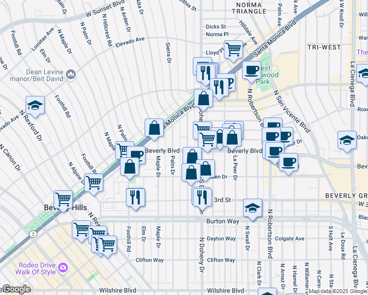 map of restaurants, bars, coffee shops, grocery stores, and more near 420 North Palm Drive in Beverly Hills