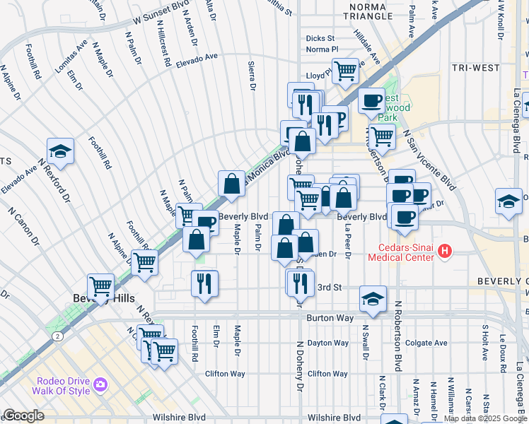 map of restaurants, bars, coffee shops, grocery stores, and more near 420 North Palm Drive in Beverly Hills