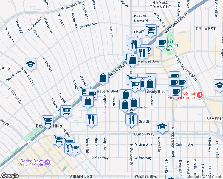 map of restaurants, bars, coffee shops, grocery stores, and more near 420 North Palm Drive in Beverly Hills