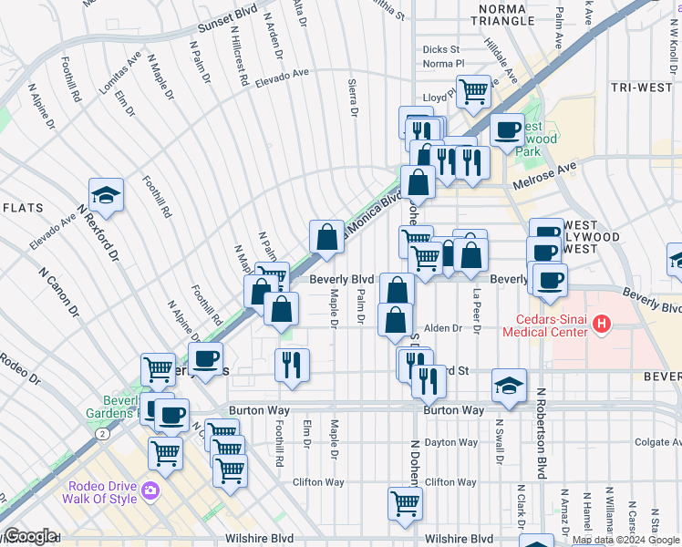 map of restaurants, bars, coffee shops, grocery stores, and more near 9232 Beverly Boulevard in Beverly Hills