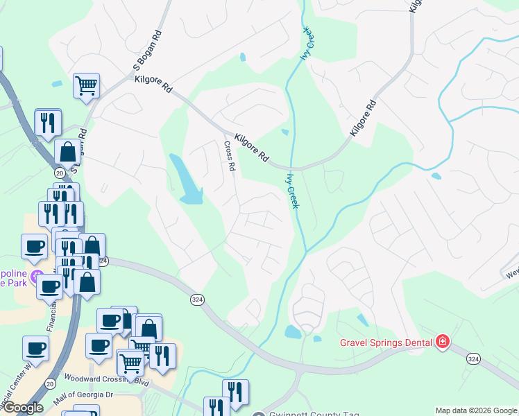 map of restaurants, bars, coffee shops, grocery stores, and more near 2190 Copper Trail Lane Northeast in Buford