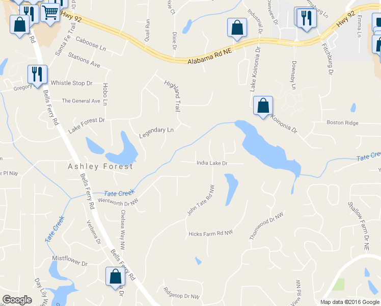 map of restaurants, bars, coffee shops, grocery stores, and more near 446 India Lake Court in Acworth