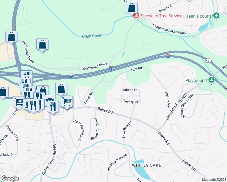 map of restaurants, bars, coffee shops, grocery stores, and more near 1047 Taso Trail in Acworth