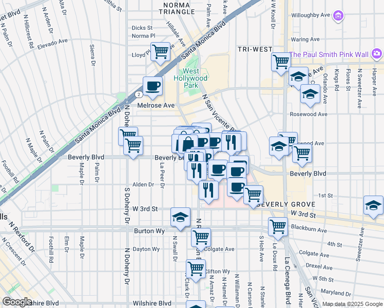 map of restaurants, bars, coffee shops, grocery stores, and more near 8816 Beverly Boulevard in West Hollywood