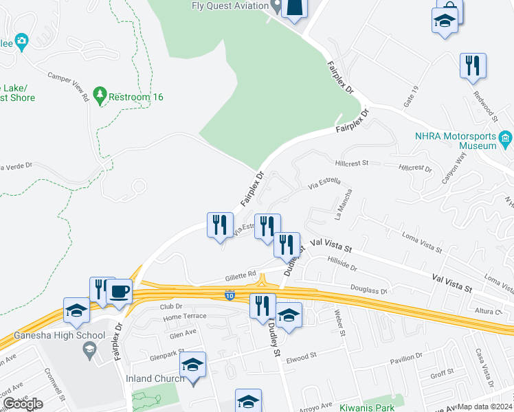 map of restaurants, bars, coffee shops, grocery stores, and more near 1775 Del Rey in Pomona