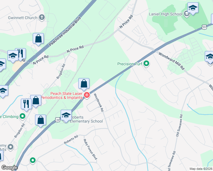 map of restaurants, bars, coffee shops, grocery stores, and more near 455 Buford Highway Northeast in Suwanee