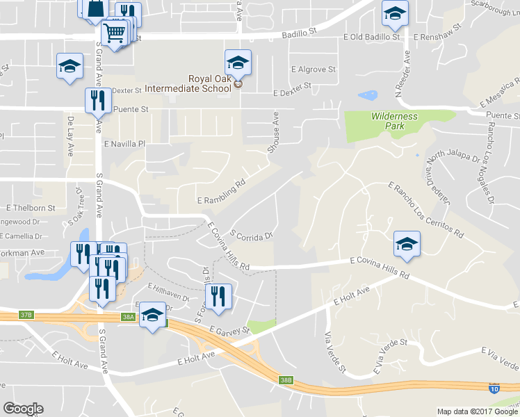 map of restaurants, bars, coffee shops, grocery stores, and more near 654 South Chaparro Road in Covina