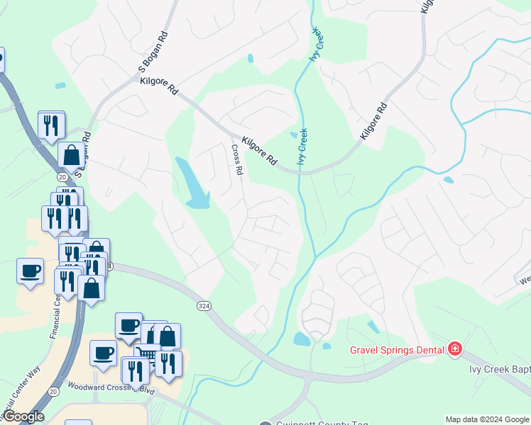 map of restaurants, bars, coffee shops, grocery stores, and more near 2180 Copper Trail Lane Northeast in Buford