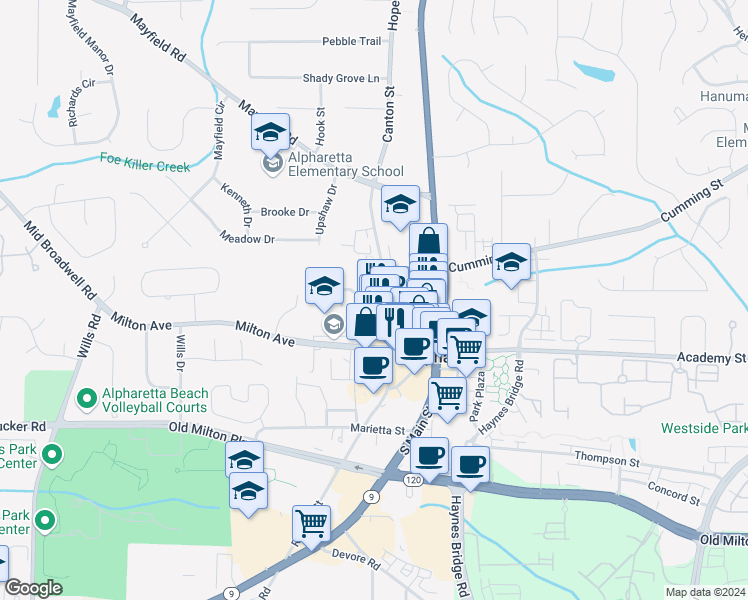 map of restaurants, bars, coffee shops, grocery stores, and more near 110 Rose Garden Lane in Alpharetta