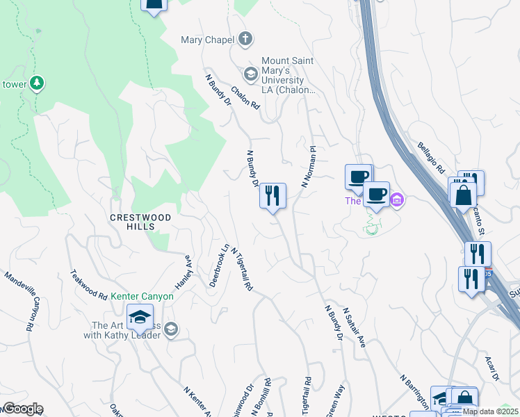 map of restaurants, bars, coffee shops, grocery stores, and more near 975 North Bundy Drive in Los Angeles