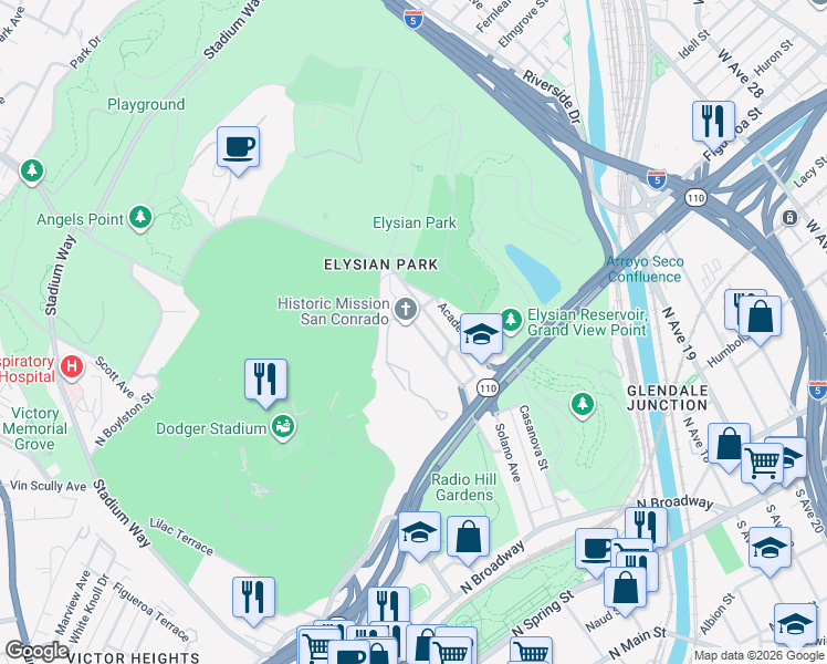 map of restaurants, bars, coffee shops, grocery stores, and more near 724 Amador Street in Los Angeles