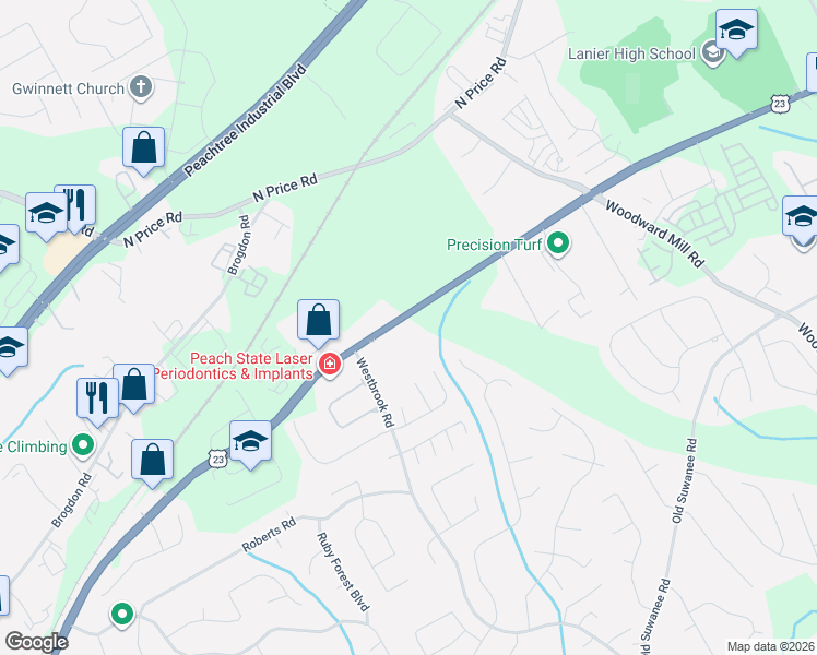 map of restaurants, bars, coffee shops, grocery stores, and more near 455 Buford Highway Northeast in Suwanee