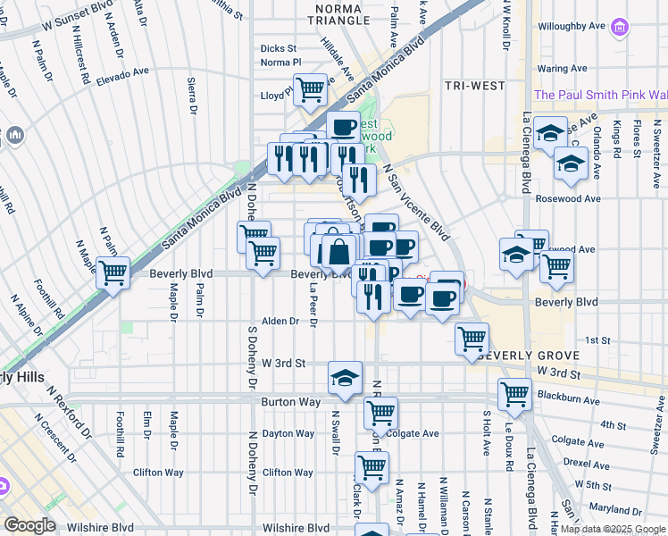 map of restaurants, bars, coffee shops, grocery stores, and more near 8900 Beverly Boulevard in West Hollywood