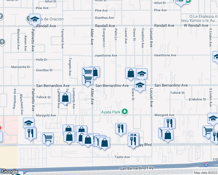 map of restaurants, bars, coffee shops, grocery stores, and more near 17809 San Bernardino Avenue in Fontana