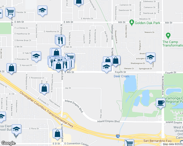 map of restaurants, bars, coffee shops, grocery stores, and more near 2100 East 4th Street in Ontario