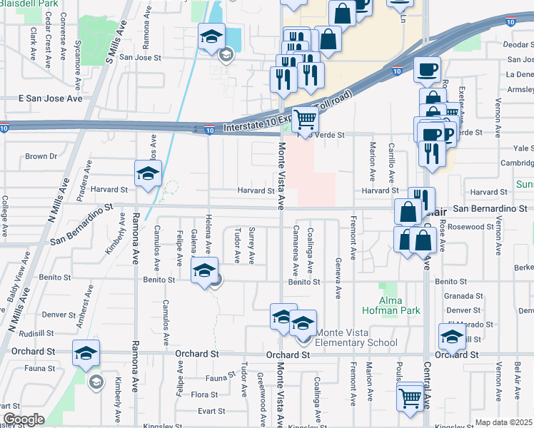 map of restaurants, bars, coffee shops, grocery stores, and more near 4861 San Bernardino Street in Montclair