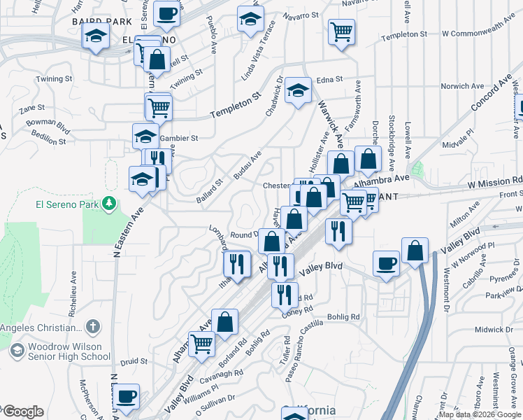 map of restaurants, bars, coffee shops, grocery stores, and more near 2818 Adkins Avenue in Los Angeles