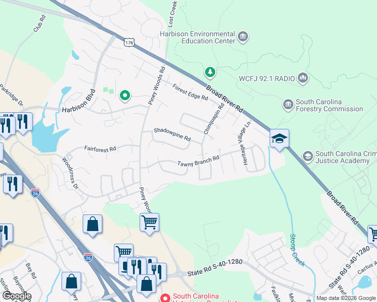 map of restaurants, bars, coffee shops, grocery stores, and more near 136 Forest Fern Road in Columbia