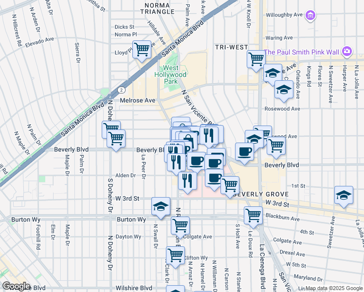 map of restaurants, bars, coffee shops, grocery stores, and more near 8776 Bonner Drive in West Hollywood