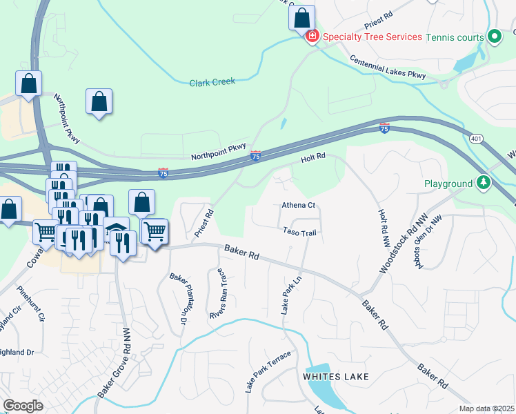 map of restaurants, bars, coffee shops, grocery stores, and more near 1047 Taso Trail in Acworth