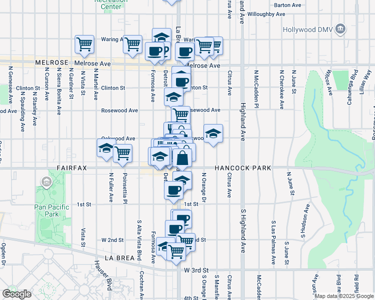 map of restaurants, bars, coffee shops, grocery stores, and more near 339 North Sycamore Avenue in Los Angeles