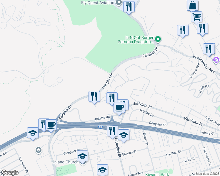 map of restaurants, bars, coffee shops, grocery stores, and more near 1775 Del Rey in Pomona