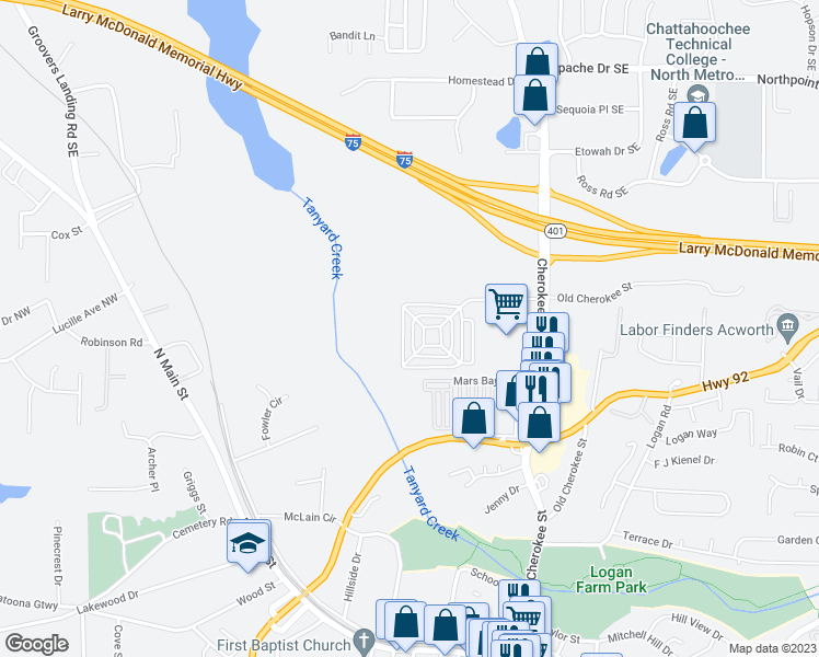 map of restaurants, bars, coffee shops, grocery stores, and more near 4639 Liberty Square Drive in Acworth