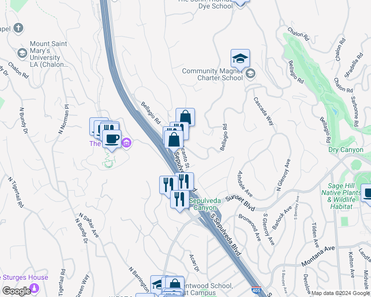 map of restaurants, bars, coffee shops, grocery stores, and more near 11680 Bellagio Road in Los Angeles