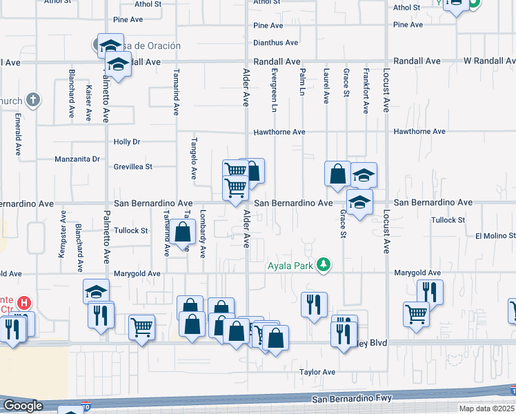 map of restaurants, bars, coffee shops, grocery stores, and more near 17733 San Bernardino Avenue in Fontana