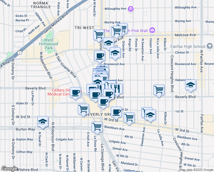 map of restaurants, bars, coffee shops, grocery stores, and more near 347 North Alfred Street in Los Angeles