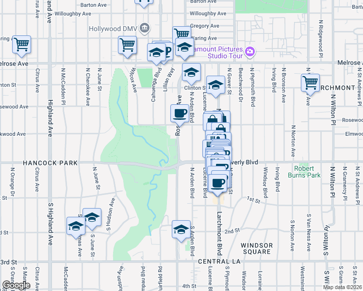 map of restaurants, bars, coffee shops, grocery stores, and more near 316 North Rossmore Avenue in Los Angeles