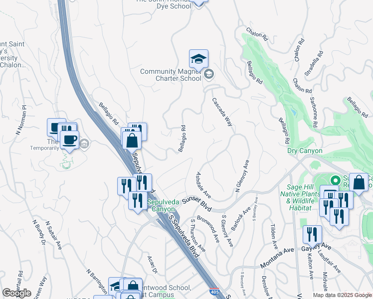 map of restaurants, bars, coffee shops, grocery stores, and more near 11556 Bellagio Road in Los Angeles
