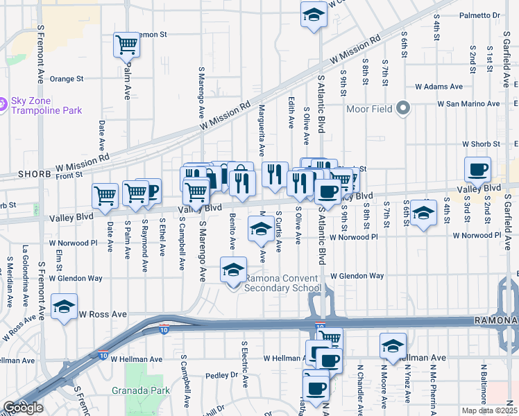map of restaurants, bars, coffee shops, grocery stores, and more near 1417 Marguerita Avenue in Alhambra