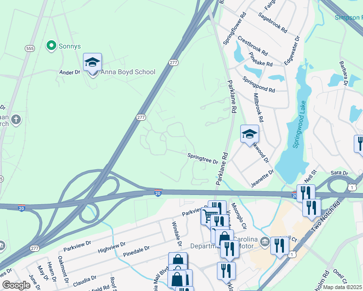 map of restaurants, bars, coffee shops, grocery stores, and more near 251 Springtree Road in Columbia