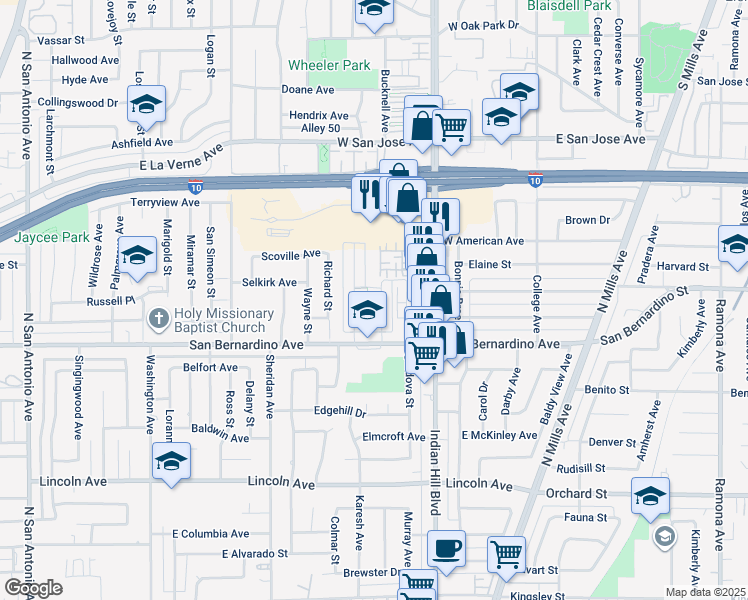 map of restaurants, bars, coffee shops, grocery stores, and more near 1781 Appleton Way in Pomona
