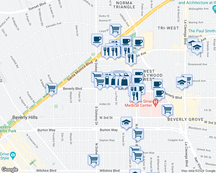 map of restaurants, bars, coffee shops, grocery stores, and more near 8950 Beverly Boulevard in West Hollywood
