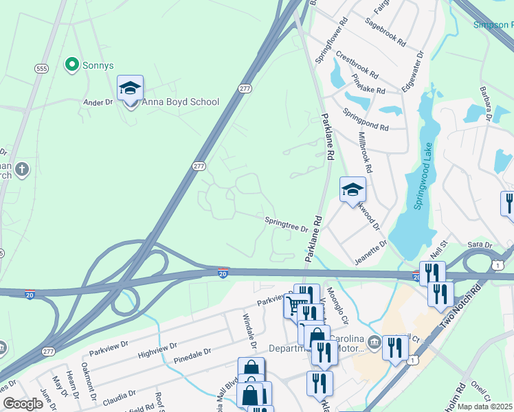 map of restaurants, bars, coffee shops, grocery stores, and more near 251 Springtree Drive in Columbia