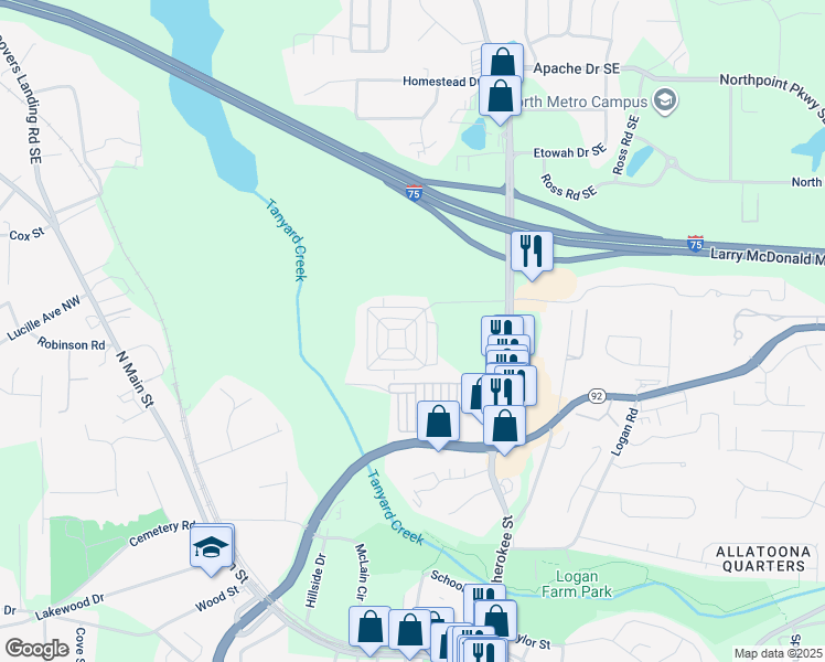 map of restaurants, bars, coffee shops, grocery stores, and more near 4698 Liberty Square Drive in Acworth
