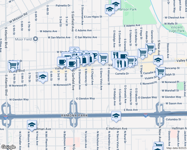 map of restaurants, bars, coffee shops, grocery stores, and more near 1434 South Chapel Avenue in Alhambra