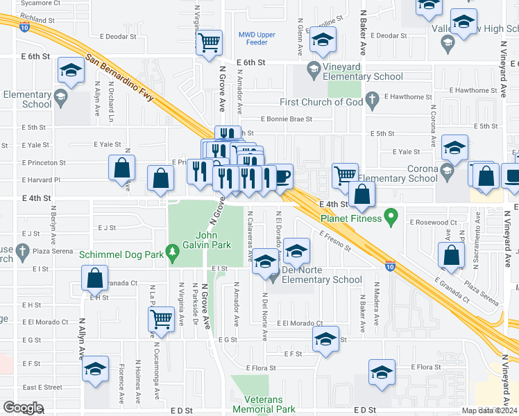 map of restaurants, bars, coffee shops, grocery stores, and more near 1055 North Del Norte Avenue in Ontario