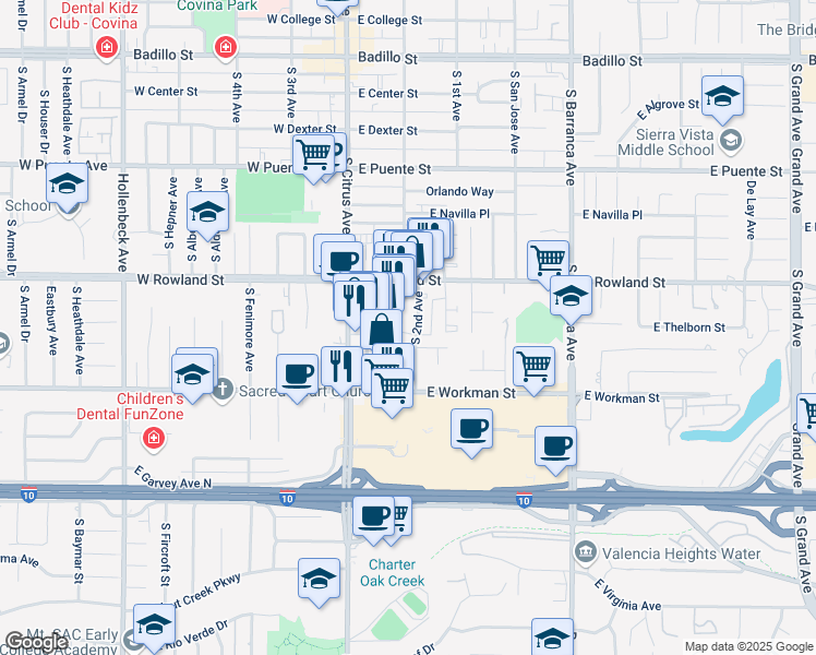 map of restaurants, bars, coffee shops, grocery stores, and more near 211 East Loma Vista Street in Covina